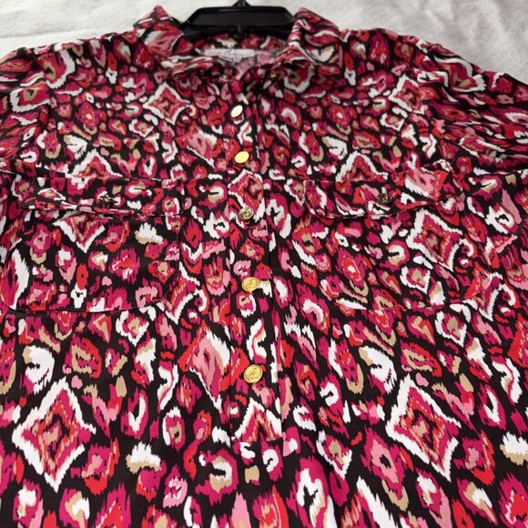 Jude Connally Small Pink-Red Ikat Geometric Print Stretch Shirt Dress 3/4 Sleeve - Picture 3 of 8